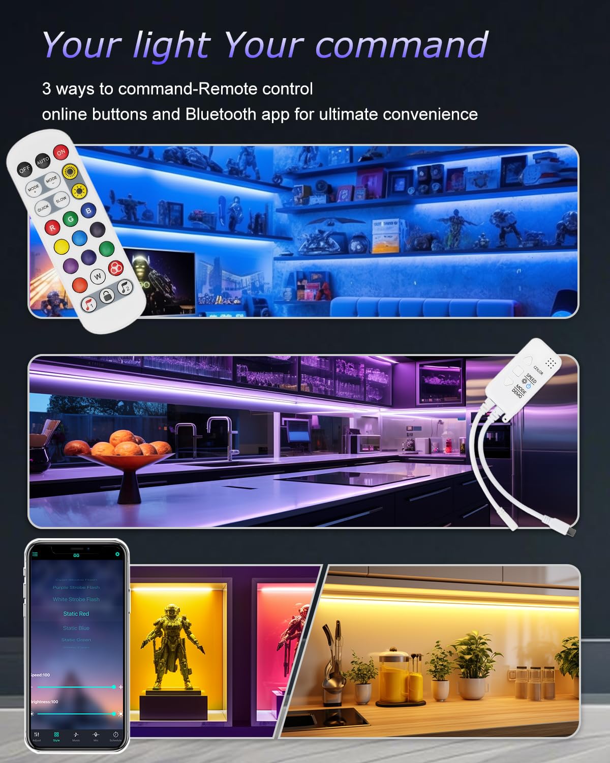 Cefrank Color Cabinet Lighting, 4pcs 12"(30cm) Linkable RGB LED Light Bar Kit for Display Cabinet, Smart App & Remote Control, Music Sync, Scene Modes, Multi-Colors