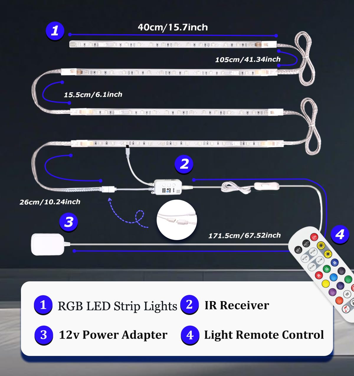 Cefrank Color Cabinet Lighting, 4pcs 12"(30cm) Linkable RGB LED Light Bar Kit for Display Cabinet, Smart App & Remote Control, Music Sync, Scene Modes, Multi-Colors