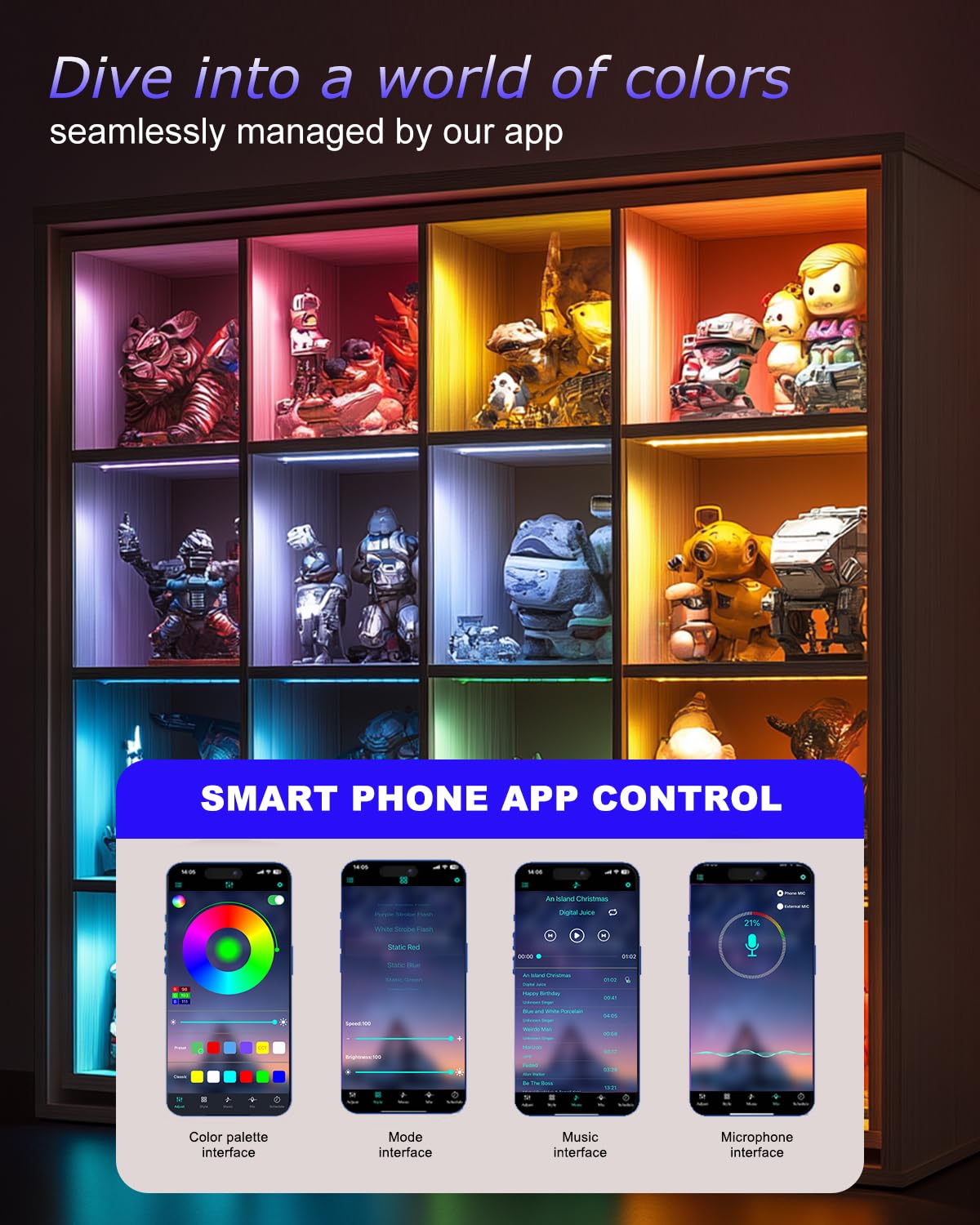 Cefrank Color Cabinet Lighting, 4pcs 12"(30cm) Linkable RGB LED Light Bar Kit for Display Cabinet, Smart App & Remote Control, Music Sync, Scene Modes, Multi-Colors