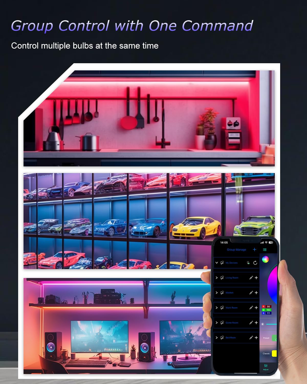 Cefrank Color Cabinet Lighting, 4pcs 12"(30cm) Linkable RGB LED Light Bar Kit for Display Cabinet, Smart App & Remote Control, Music Sync, Scene Modes, Multi-Colors