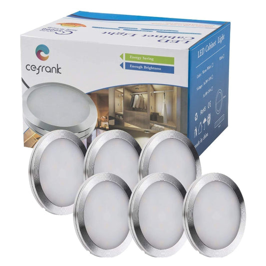Cefrank Led Dimmable Puck Lights, Set of 6 Pack Under Cabinet Lighting Kit w/Rotary Dimmer Switch, Total of 12W, LED Counter Light Above/in/Under Kitchen Closet Bookcase, Shelf