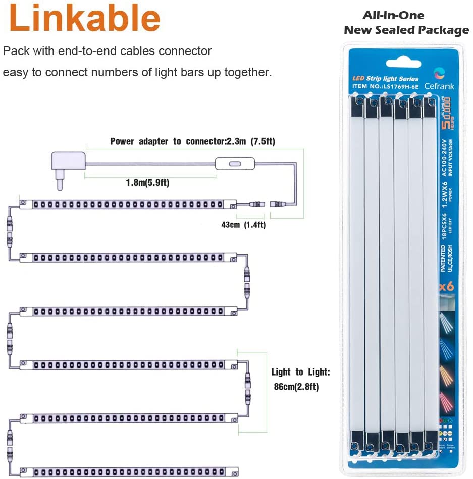 Cefrank Led Light Strips Kit, (6) 12’’ Linkable Light Bars + Rocker Switch + Power Adapter, Under Cabinet Lighting, Gun Safe, Locker, Closet, Shelf, Showcase Lighting