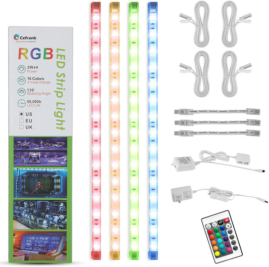 RGB-Schrankbeleuchtung, 4 Stück 12 Zoll/30 cm verbindbares LED-Lichtleisten-Streifen-Kit – Fernbedienungsanzeige, Stimmungslicht für Detolf, Glasvitrine, Regal, Bücherregal, Schrank, Küche – mehrfarbig