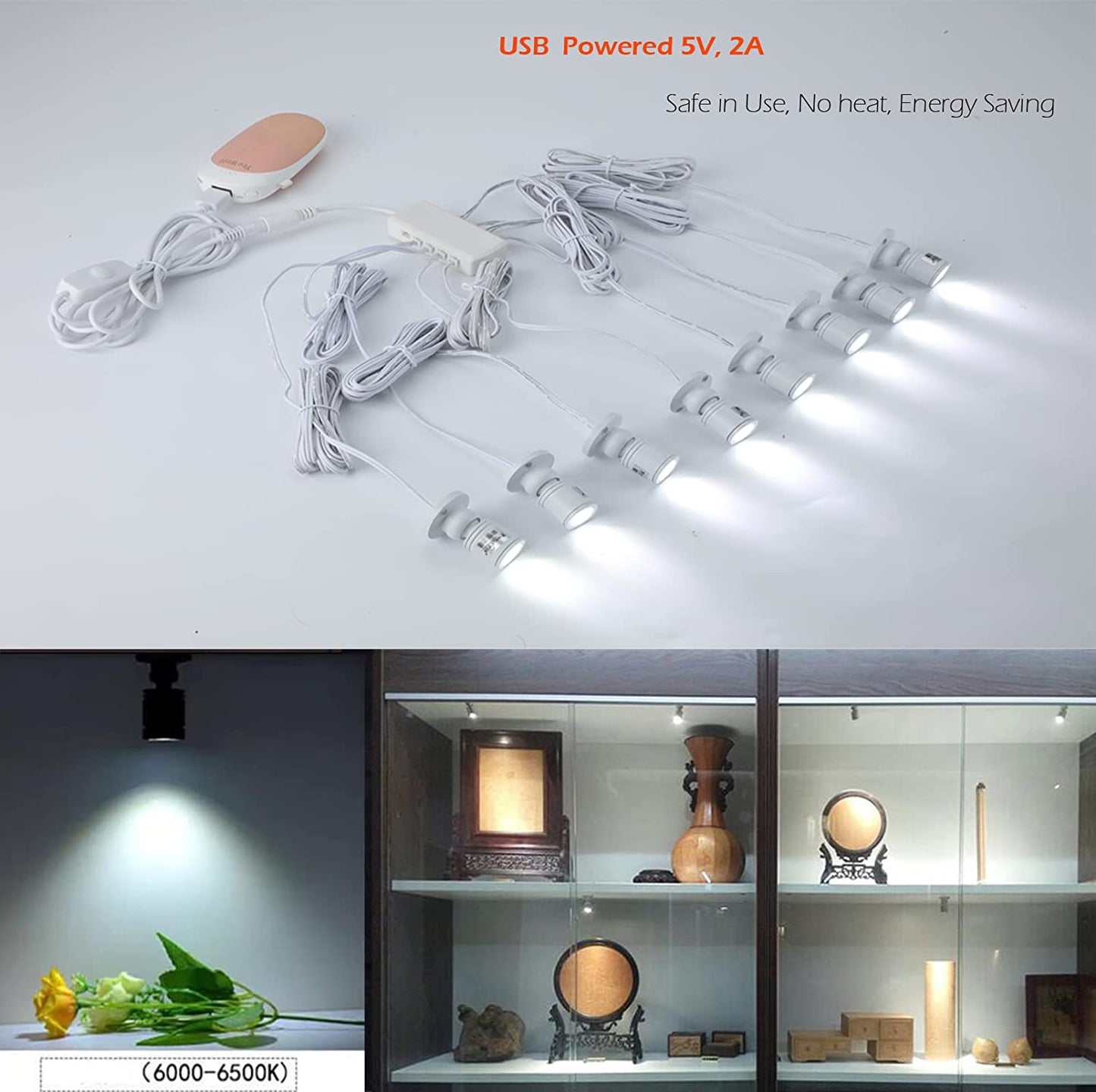 Cefrank Spotlights 8x1w White LED Mini Surface Mounted Light Jewelry Cabinet Lamp Dimmable Spot Lights, Pack-8