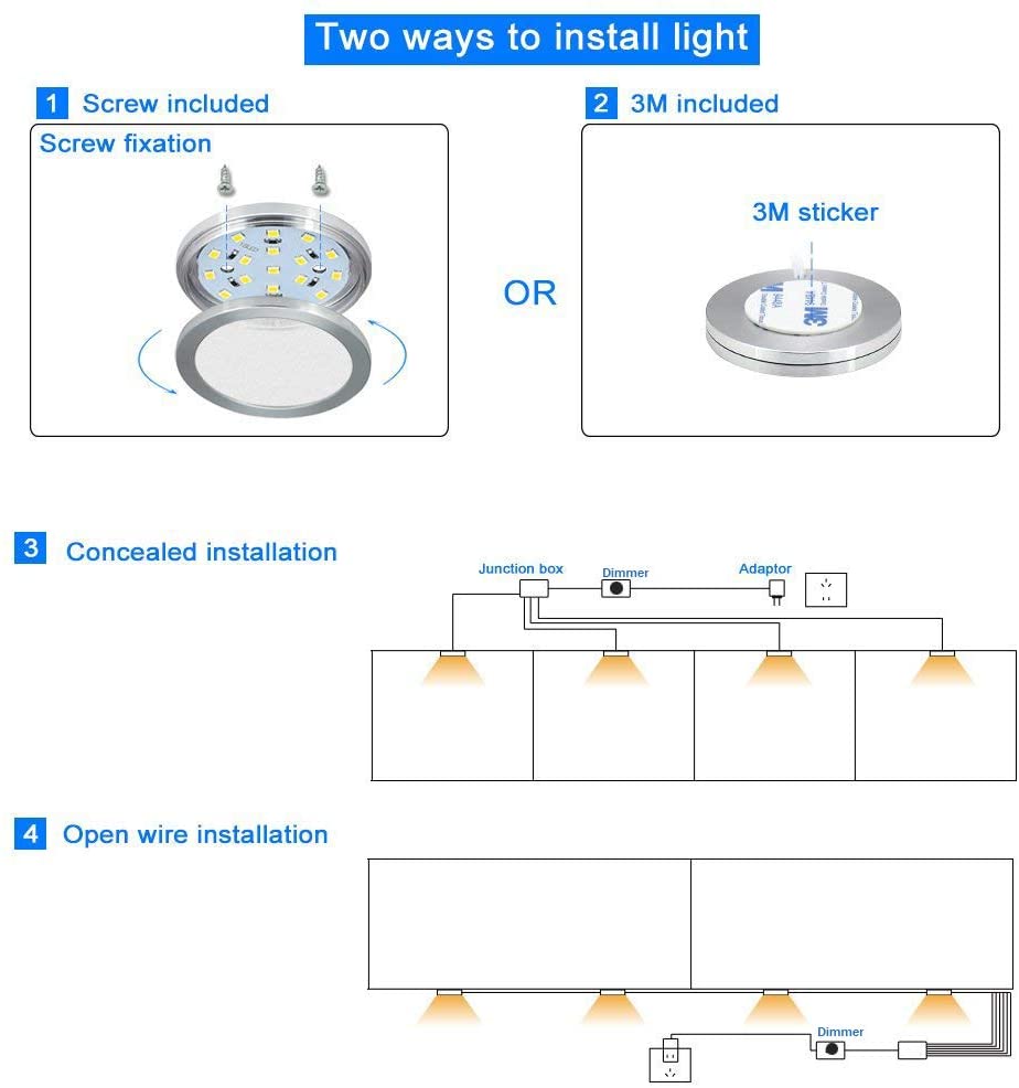 Dimmable Under Cabinet Light, Set of 4 Puck Lights, 8W 680LM