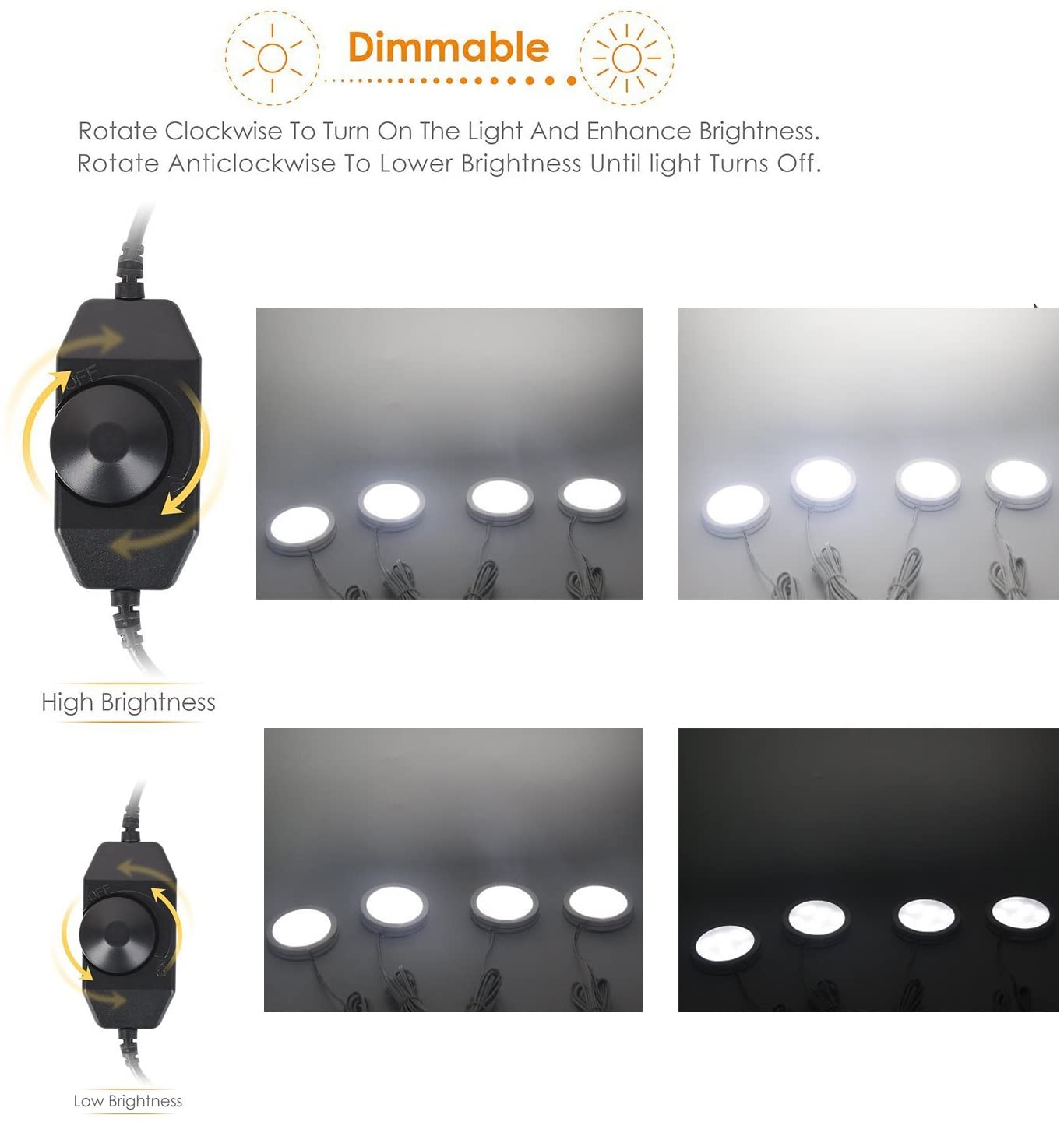 Dimmable Under Cabinet Light, Set of 4 Puck Lights, 8W 680LM