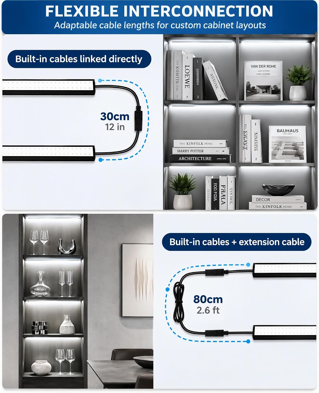 Cefrank Display Cabinet Lights 6-Pack Linkable Bars Dimmable LED 1800lm total • plug-in • hold-to-dim memory switch • Peel-and-Stick • bookcase • closet • kitchen shelves