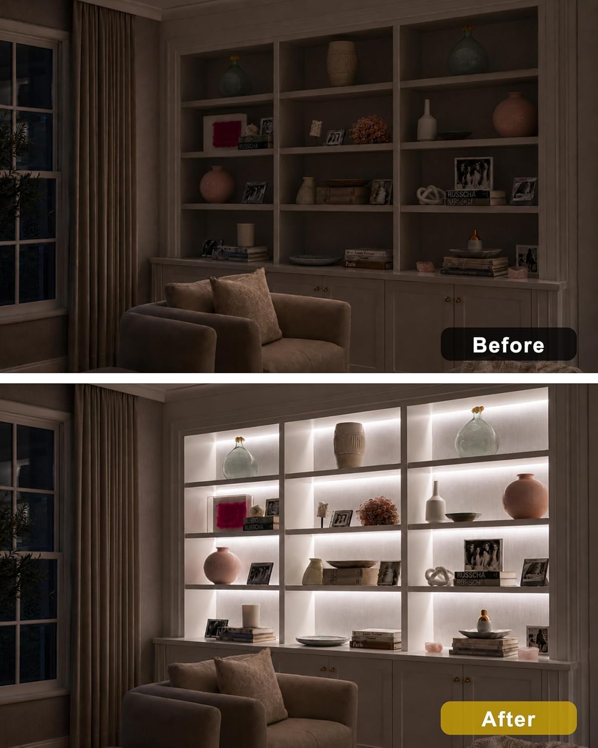 Cefrank Display Cabinet Lights 6-Pack Linkable Bars Dimmable LED 1800lm total • plug-in • hold-to-dim memory switch • Peel-and-Stick • bookcase • closet • kitchen shelves