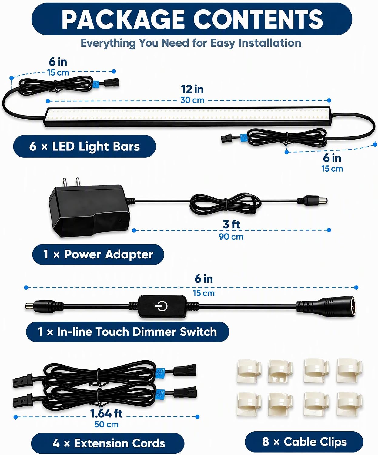 Cefrank Display Cabinet Lights 6-Pack Linkable Bars Dimmable LED 1800lm total • plug-in • hold-to-dim memory switch • Peel-and-Stick • bookcase • closet • kitchen shelves