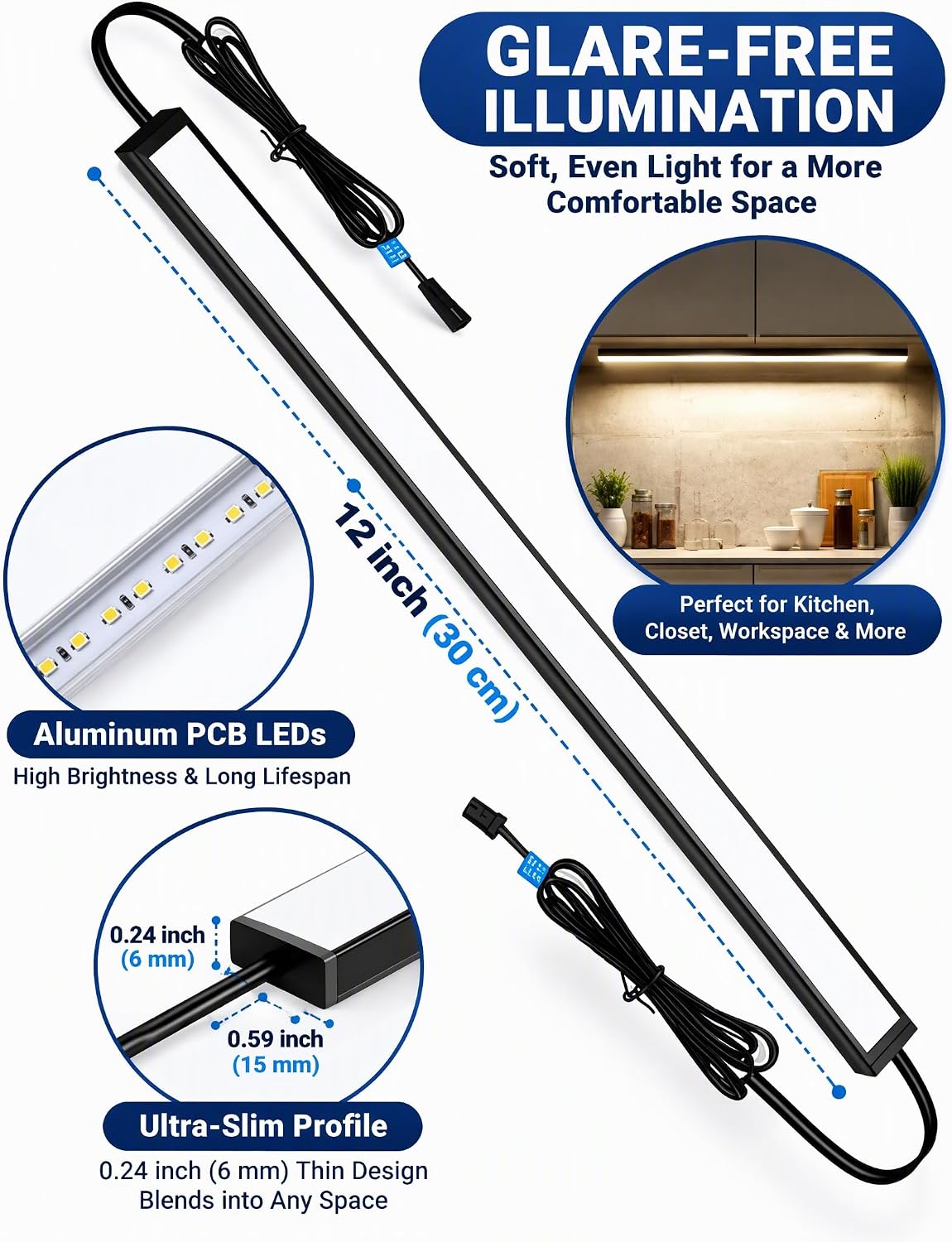 Cefrank Display Cabinet Lights 6-Pack Linkable Bars Dimmable LED 1800lm total • plug-in • hold-to-dim memory switch • Peel-and-Stick • bookcase • closet • kitchen shelves