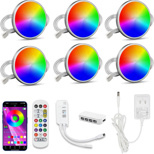 6pcs Spotlight Under Cabinet Lighting Kit Smart RGB LED Puck Lights with Remote & APP Control Music Sync Disk light Colorful Changing