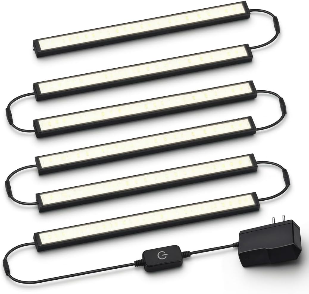 Cefrank Display Cabinet Lights 6-Pack Linkable Bars Dimmable LED 1800lm total • plug-in • hold-to-dim memory switch • Peel-and-Stick • bookcase • closet • kitchen shelves