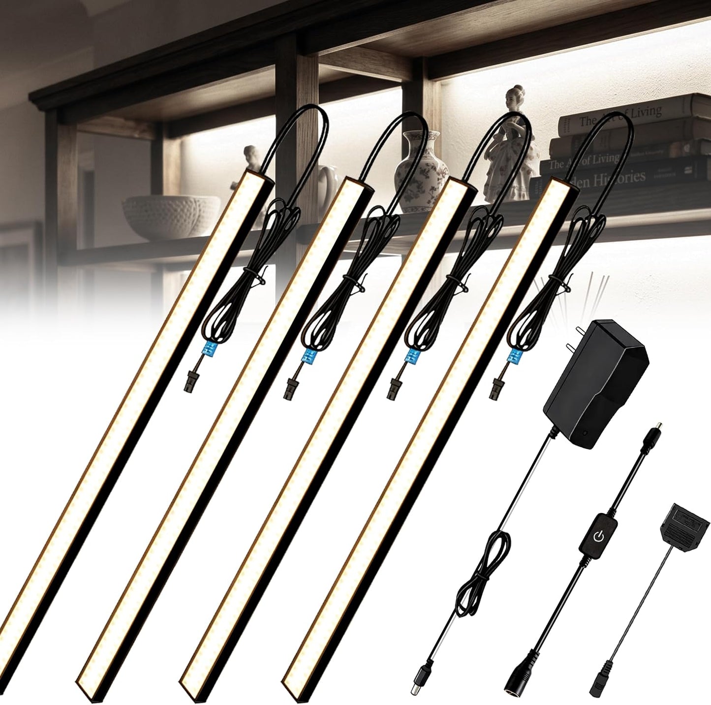 Cefrank Display Case Lights, 4-Pack 12" 30cm Under Cabinet LED Bars 1200lm • Plug-in • Ultra-slim bar for Curio Hutches, Bookcases, Pantry, Closets, Kitchen Counters