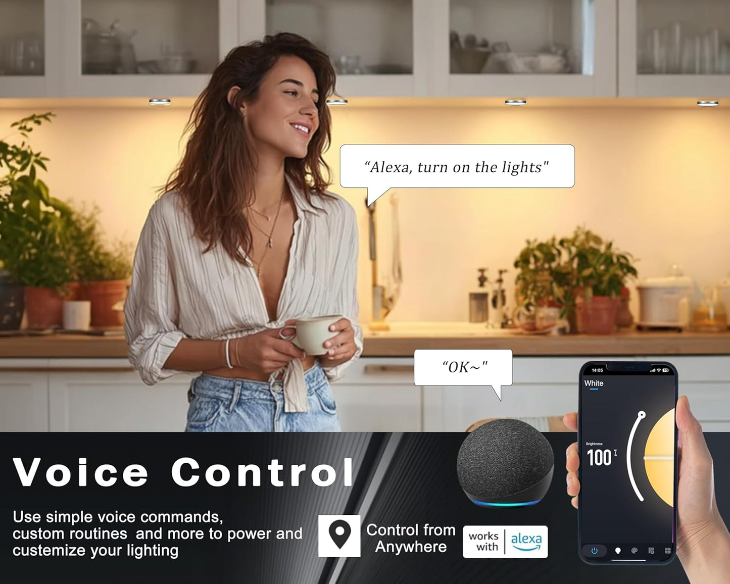 Cefrank Smart WiFi Puck Lights (6-Pack) - Alexa & App Controlled Under Cabinet Lighting Kit, Dimmable, 2700K-6000K Adjustable White, Easy Install for Shelves, Closets, Safes