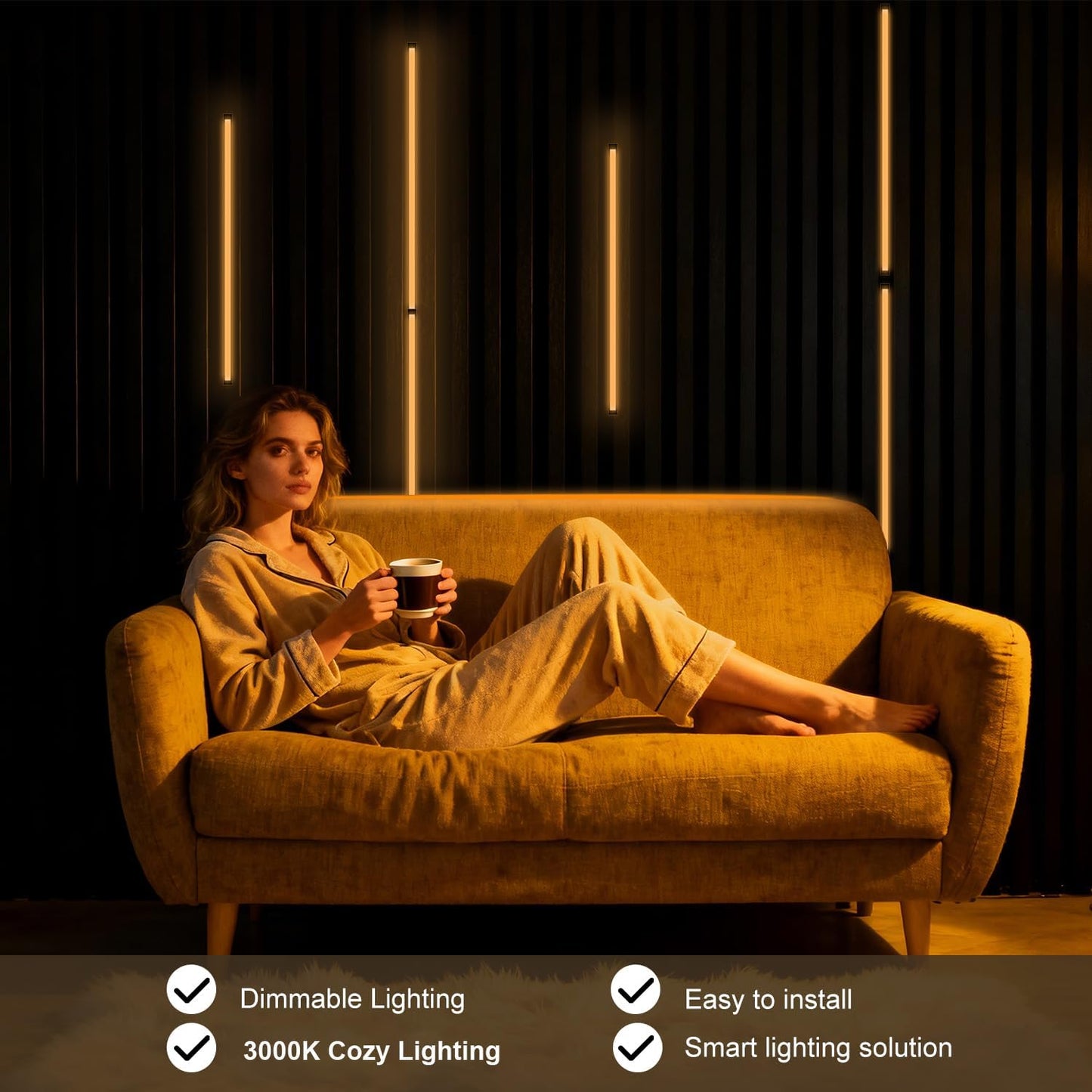 Cefrank LED Slat Wall Lights, 6-Pack 16 inch Dimmable Cozy Strip Lights with Touch Switch Lumisense Matte Black Finish, 3000K Warm White