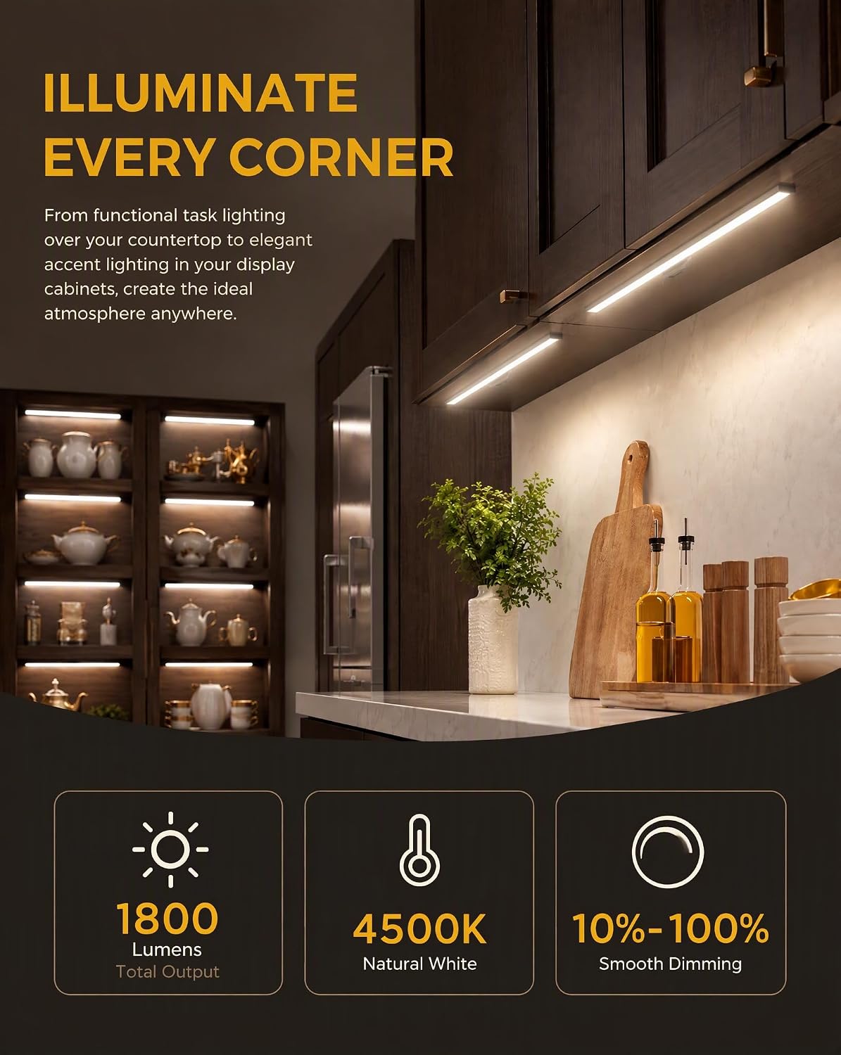 Cefrank Display Cabinet Lights 6-Pack Linkable Bars Dimmable LED 1800lm total • plug-in • hold-to-dim memory switch • Peel-and-Stick • bookcase • closet • kitchen shelves