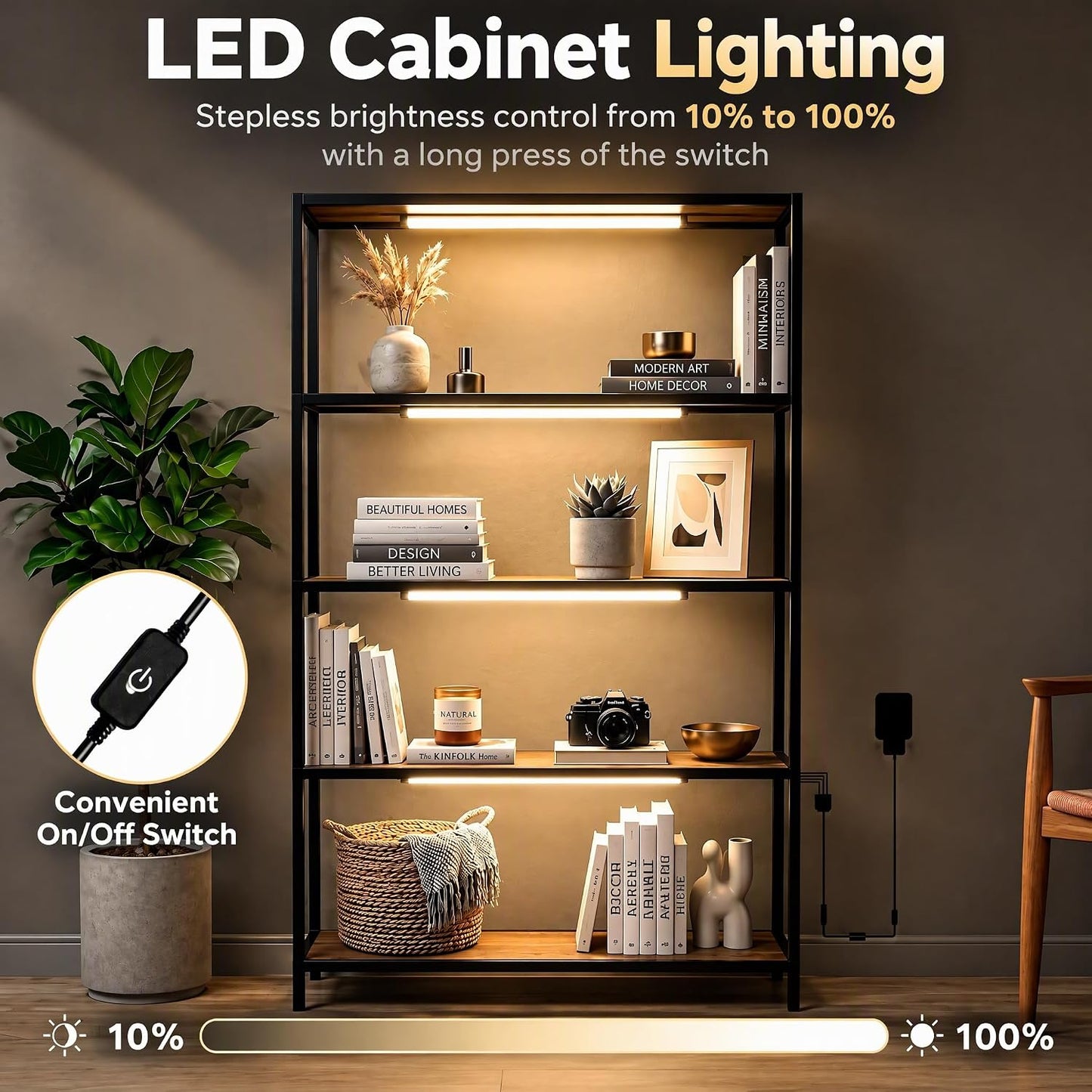 Cefrank Display Case Lights, 4-Pack 12" 30cm Under Cabinet LED Bars 1200lm • Plug-in • Ultra-slim bar for Curio Hutches, Bookcases, Pantry, Closets, Kitchen Counters