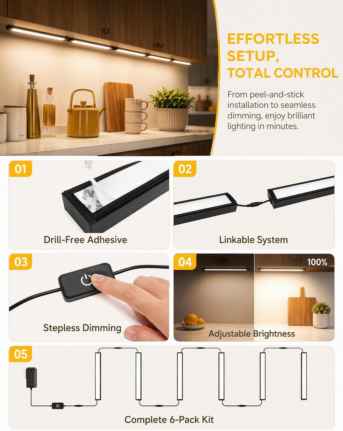 Cefrank Display Cabinet Lights 6-Pack Linkable Bars Dimmable LED 1800lm total • plug-in • hold-to-dim memory switch • Peel-and-Stick • bookcase • closet • kitchen shelves