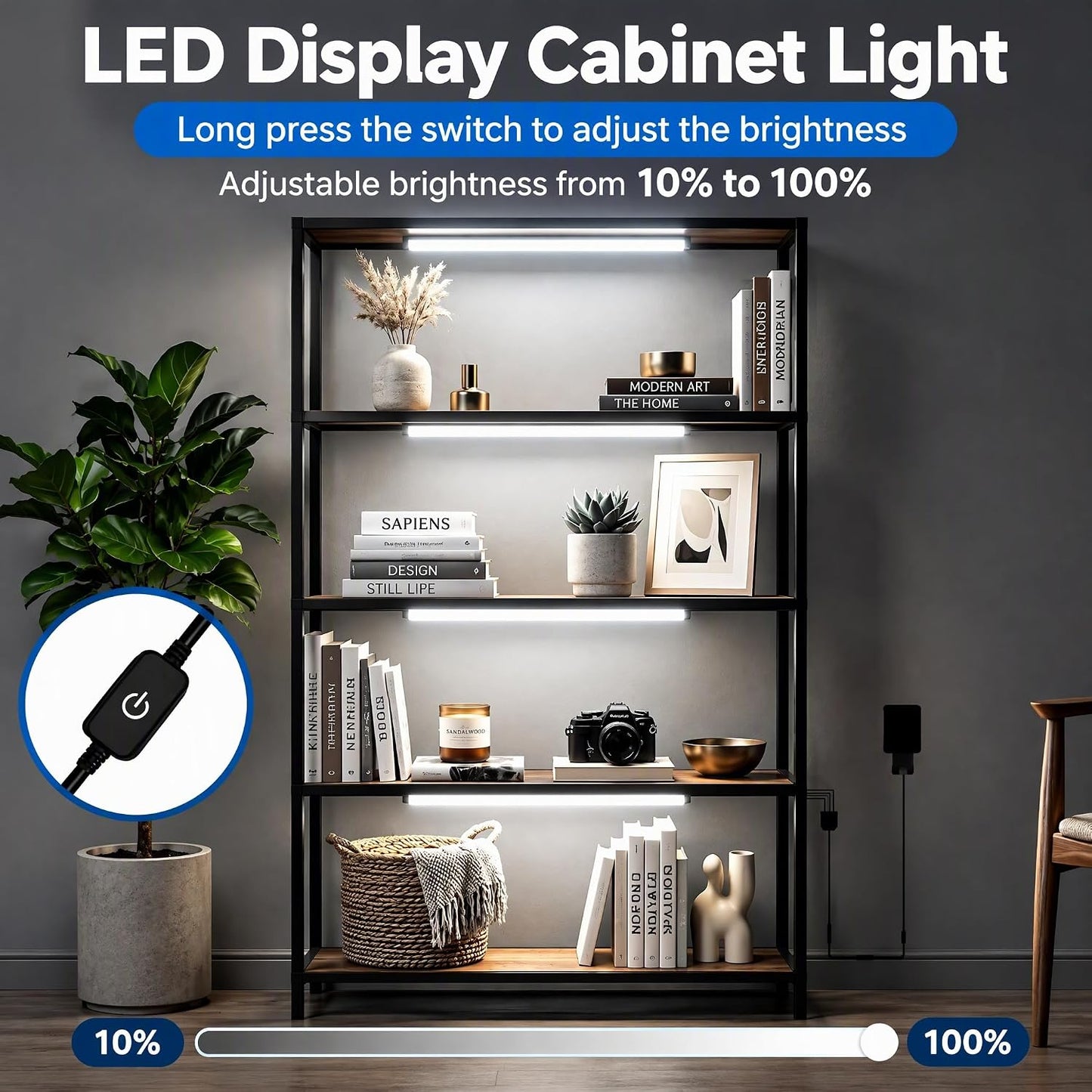 Cefrank Display Case Lights, 4-Pack 12" 30cm Under Cabinet LED Bars 1200lm • Plug-in • Ultra-slim bar for Curio Hutches, Bookcases, Pantry, Closets, Kitchen Counters