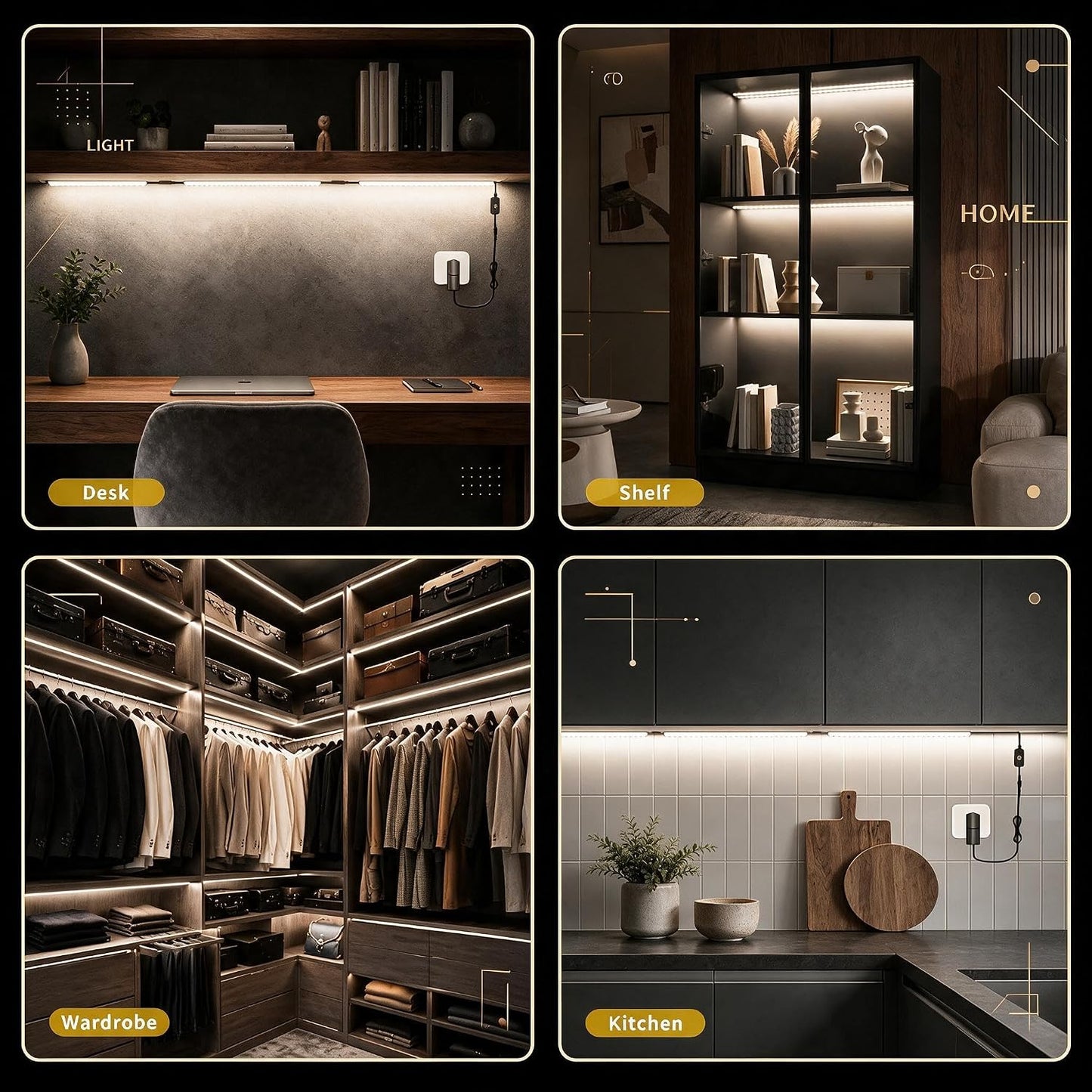 Cefrank Display Cabinet Lights 6-Pack Linkable Bars Dimmable LED 1800lm total • plug-in • hold-to-dim memory switch • Peel-and-Stick • bookcase • closet • kitchen shelves