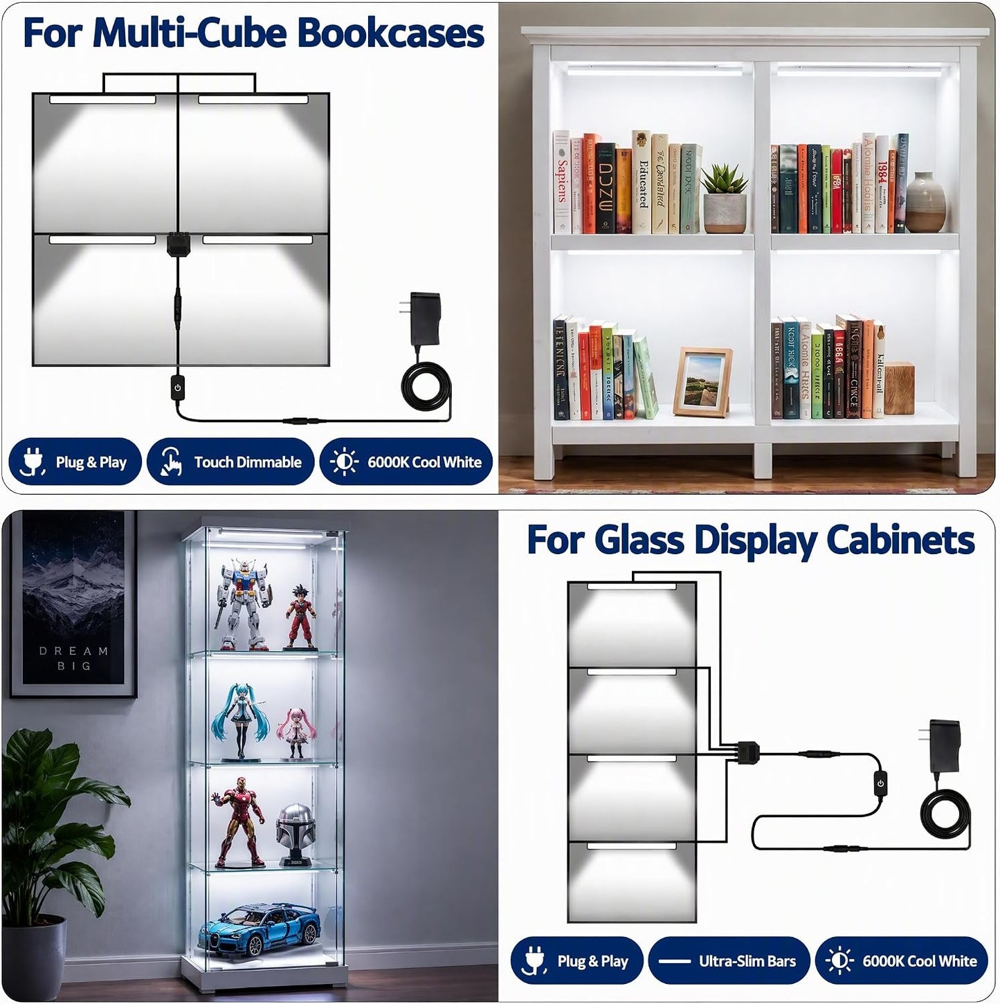 Cefrank Display Case Lights, 4-Pack 12" 30cm Under Cabinet LED Bars 1200lm • Plug-in • Ultra-slim bar for Curio Hutches, Bookcases, Pantry, Closets, Kitchen Counters