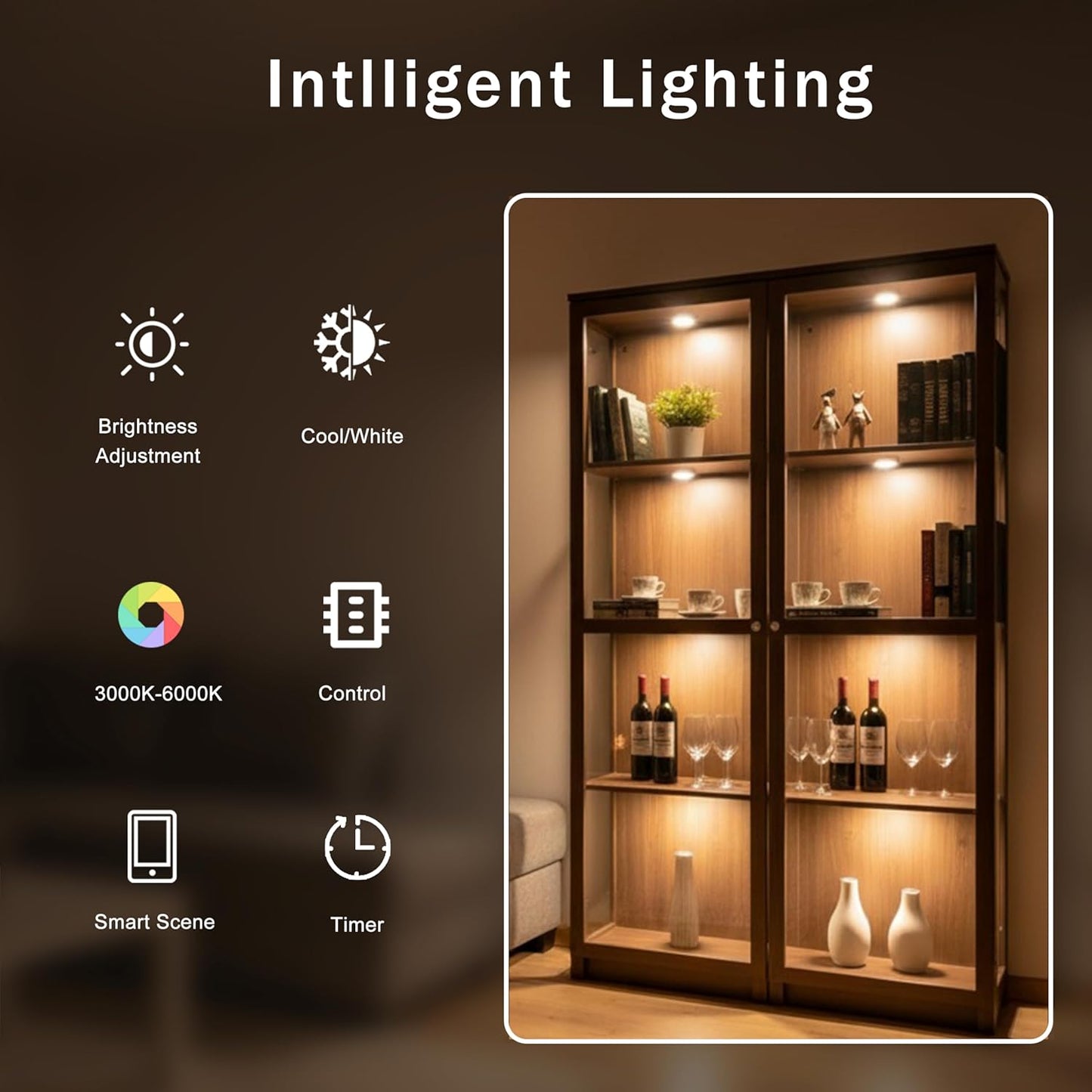 Cefrank Smart WiFi Puck Lights (6-Pack) - Alexa & App Controlled Under Cabinet Lighting Kit, Dimmable, 2700K-6000K Adjustable White, Easy Install for Shelves, Closets, Safes