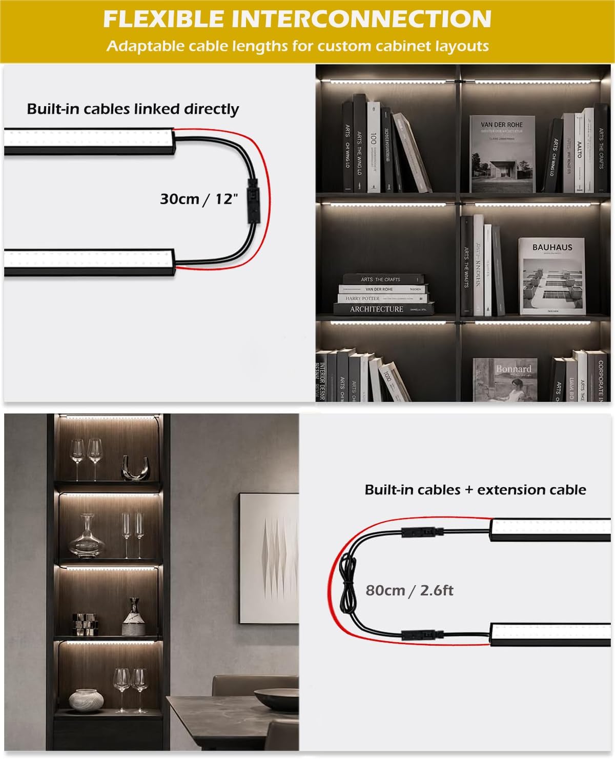 Cefrank Display Cabinet Lights 6-Pack Linkable Bars Dimmable LED 1800lm total • plug-in • hold-to-dim memory switch • Peel-and-Stick • bookcase • closet • kitchen shelves