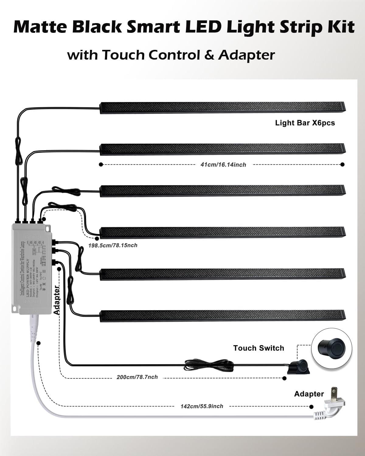 Cefrank LED Slat Wall Lights, 6-Pack 16 inch Dimmable Cozy Strip Lights with Touch Switch Lumisense Matte Black Finish, 3000K Warm White