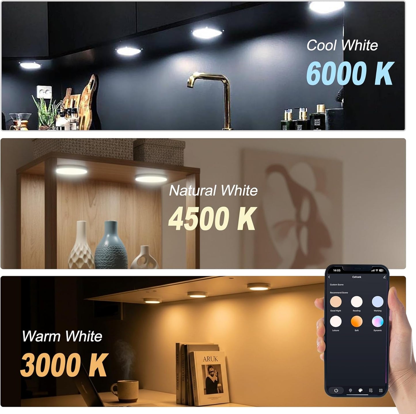 Cefrank Smart WiFi Puck Lights (6-Pack) - Alexa & App Controlled Under Cabinet Lighting Kit, Dimmable, 2700K-6000K Adjustable White, Easy Install for Shelves, Closets, Safes