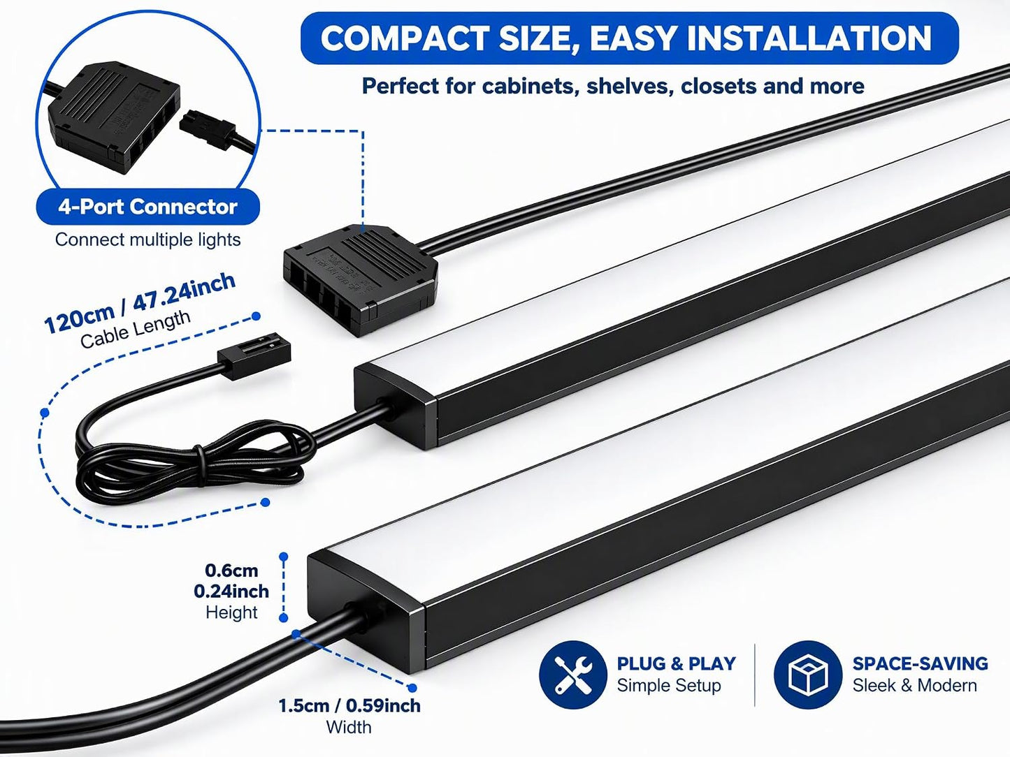 Cefrank Display Case Lights, 4-Pack 12" 30cm Under Cabinet LED Bars 1200lm • Plug-in • Ultra-slim bar for Curio Hutches, Bookcases, Pantry, Closets, Kitchen Counters