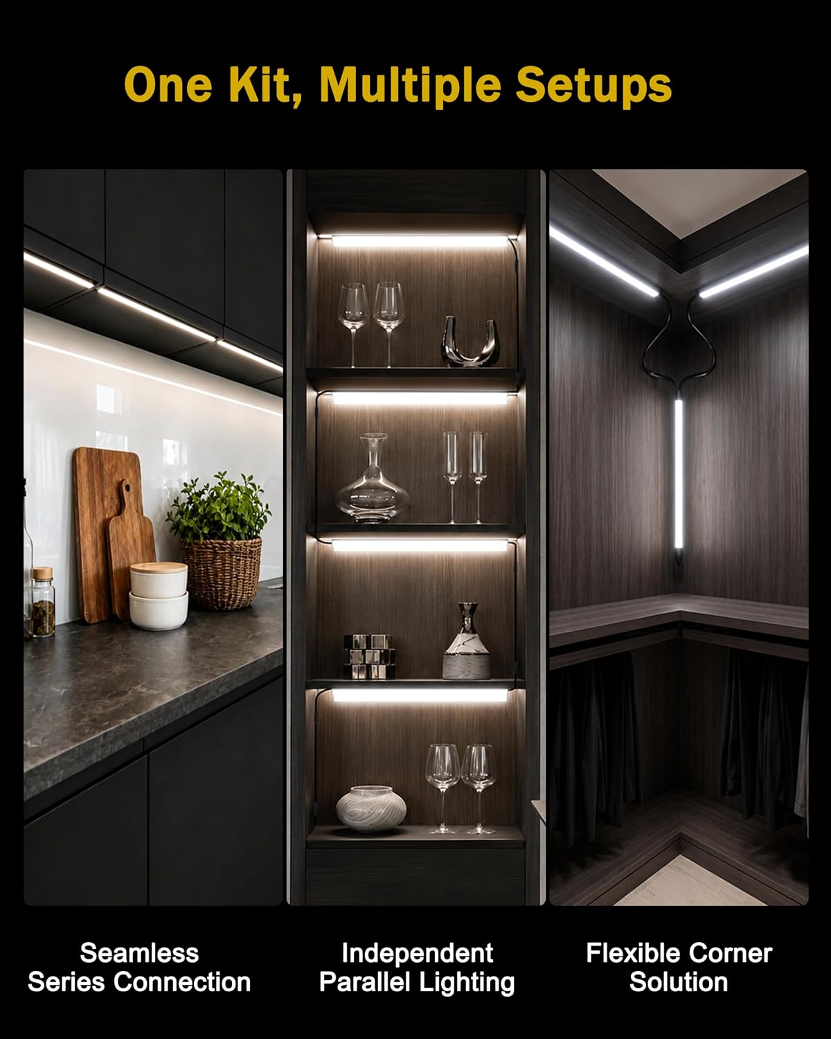 Cefrank Display Cabinet Lights 6-Pack Linkable Bars Dimmable LED 1800lm total • plug-in • hold-to-dim memory switch • Peel-and-Stick • bookcase • closet • kitchen shelves