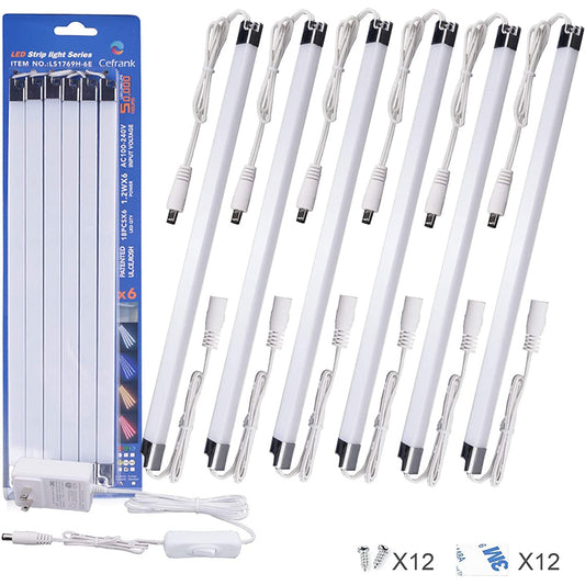 Cefrank LED-Lichtleisten-Kit, (6) verbindbare 12-Zoll-Lichtleisten + Wippschalter + Netzteil, Unterschrankbeleuchtung, Waffenschrank, Schließfach, Schrank, Regal, Vitrinenbeleuchtung