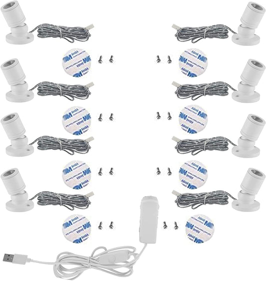 Cefrank Spotlights 8x1w White LED Mini Surface Mounted Light Jewelry Cabinet Lamp Dimmable Spot Lights, Pack-8