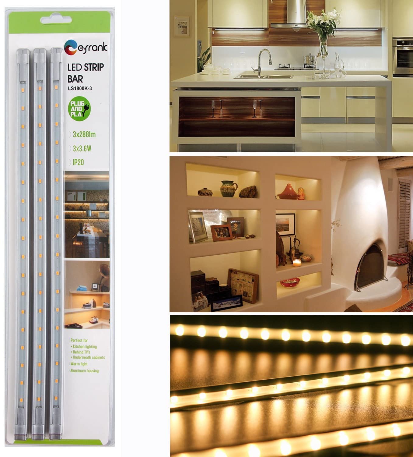 Cefrank Under Cabinet Light Strip, 3 x 12'' Linkable LED Bars , Slim Bright Counter Lighting - 11 Watt, 900LM Accent Shelves LED Light for Kitchen,Office